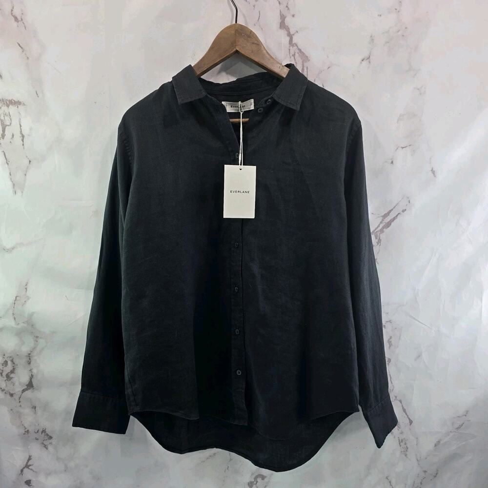 Everlane Shirt Womens Medium 8 Linen Black Button Up Long Relaxed Must Have